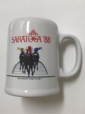 Saratoga '88 Coffee Mug Horse Racing Souvenir Ceramic Beer Tankard NY Vintage